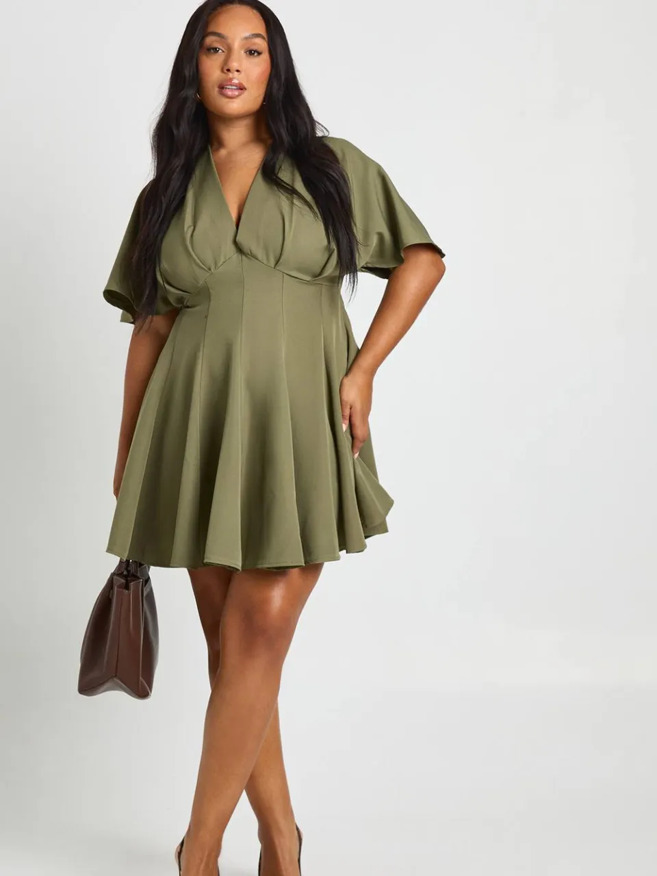 boohoo Dames Plus geplooide rok skaterjurk kaki, foto 3