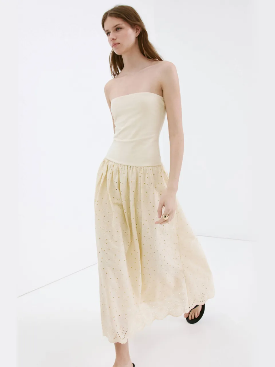 Mango strapless maxi broderie jurk - lichtgeel, foto 3
