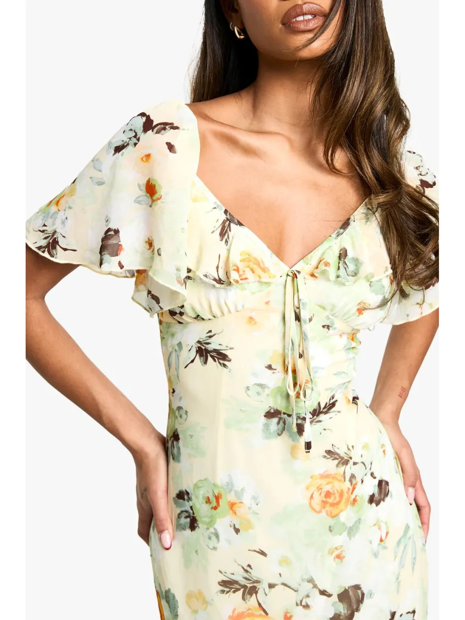 boohoo Dames Floral Angel Sleeve Midaxi Jurk citroen, foto 3