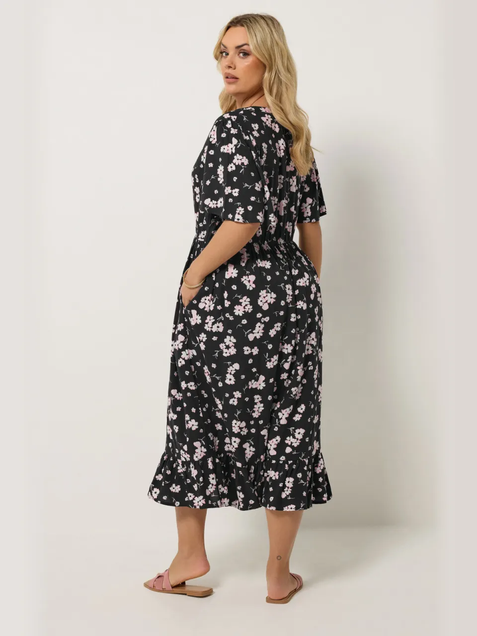 Yours Zwarte Jurk Met Fijne Print En Halve Knoopsluiting Midijurk, foto 3