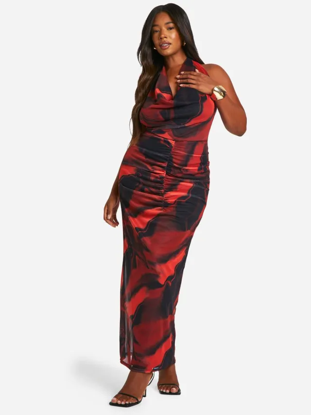 boohoo Dames Plus Floral Mesh Cowl Neck Maxi Jurk Rood