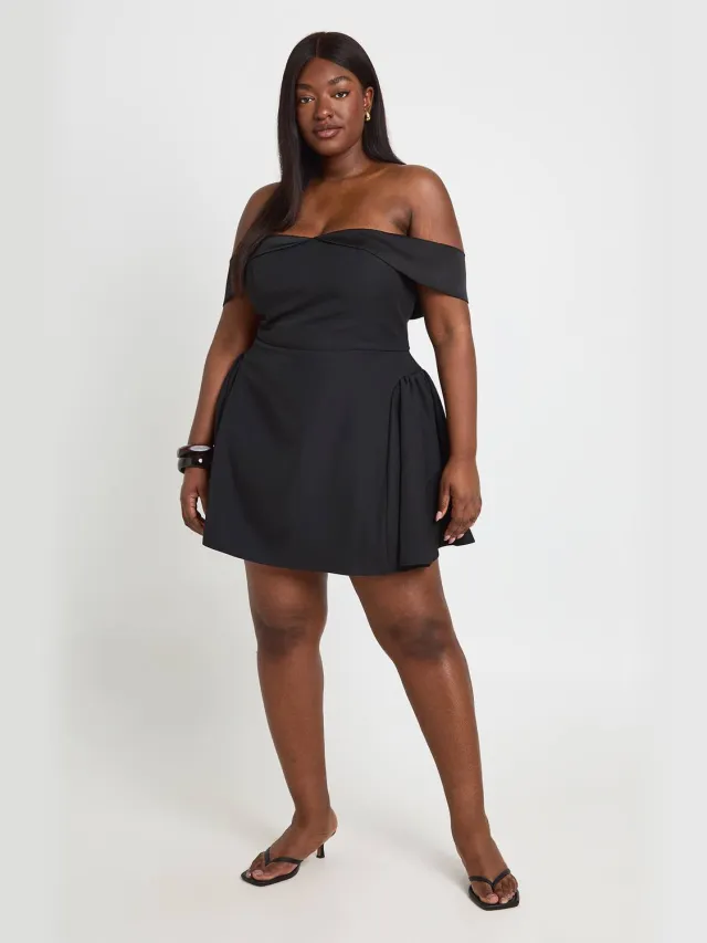 boohoo Dames Plus Bardot Off-shoulder Skater Jurk Zwart