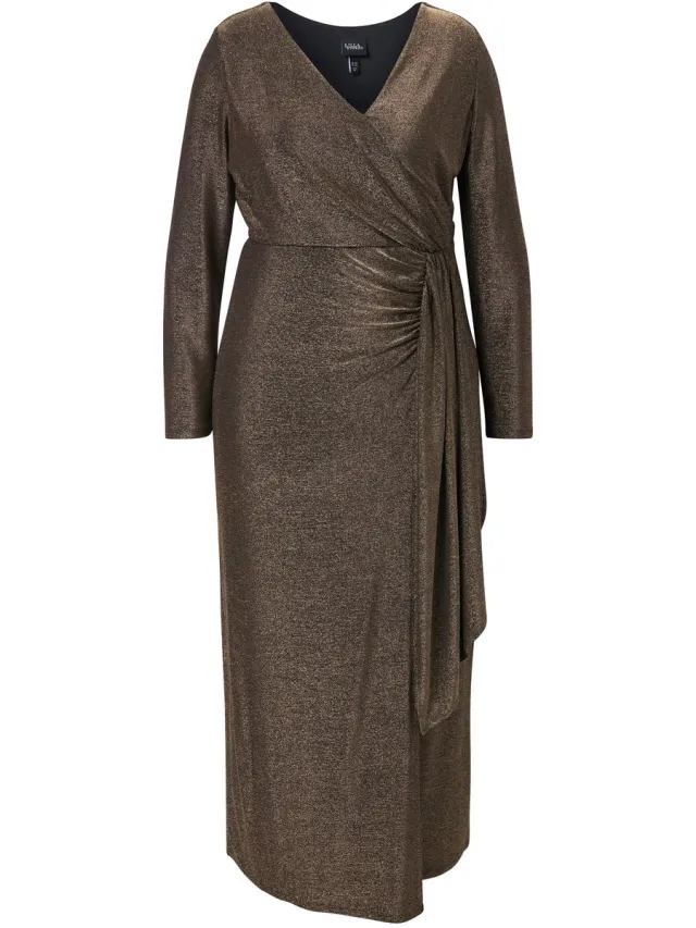 Ulla Popken Dames - Maxi-jurk glitter wikkellook V-hals lange mouw - Goud