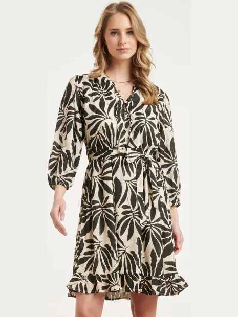 Smashed Lemon Zwart-beige bladerenprint jurk met ceintuur