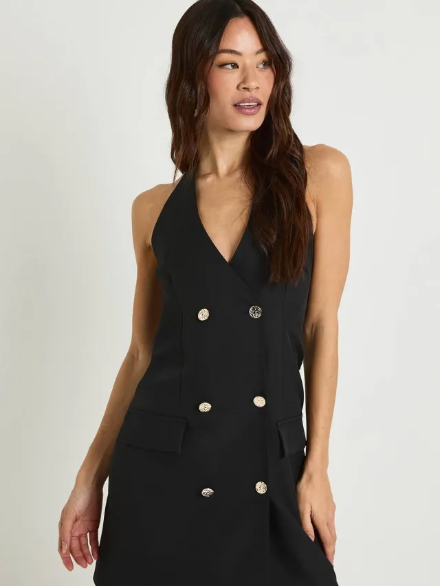 boohoo Dames Tall Getailleerde Halterneck Mini Jurk Zwart