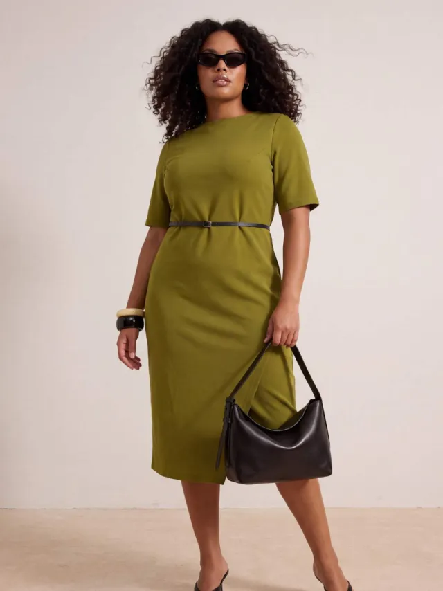 Trendyol Curve Dames Kaki Effen Midi Kort A-lijn Grote maten Jurk