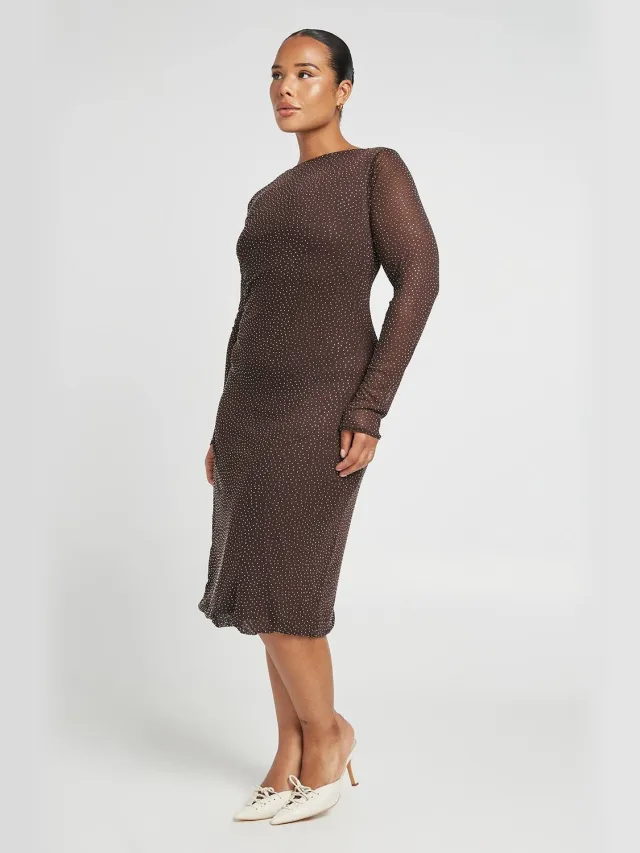boohoo Dames Plus Hot Fix Lange Midi-jurk Chocoladebruin