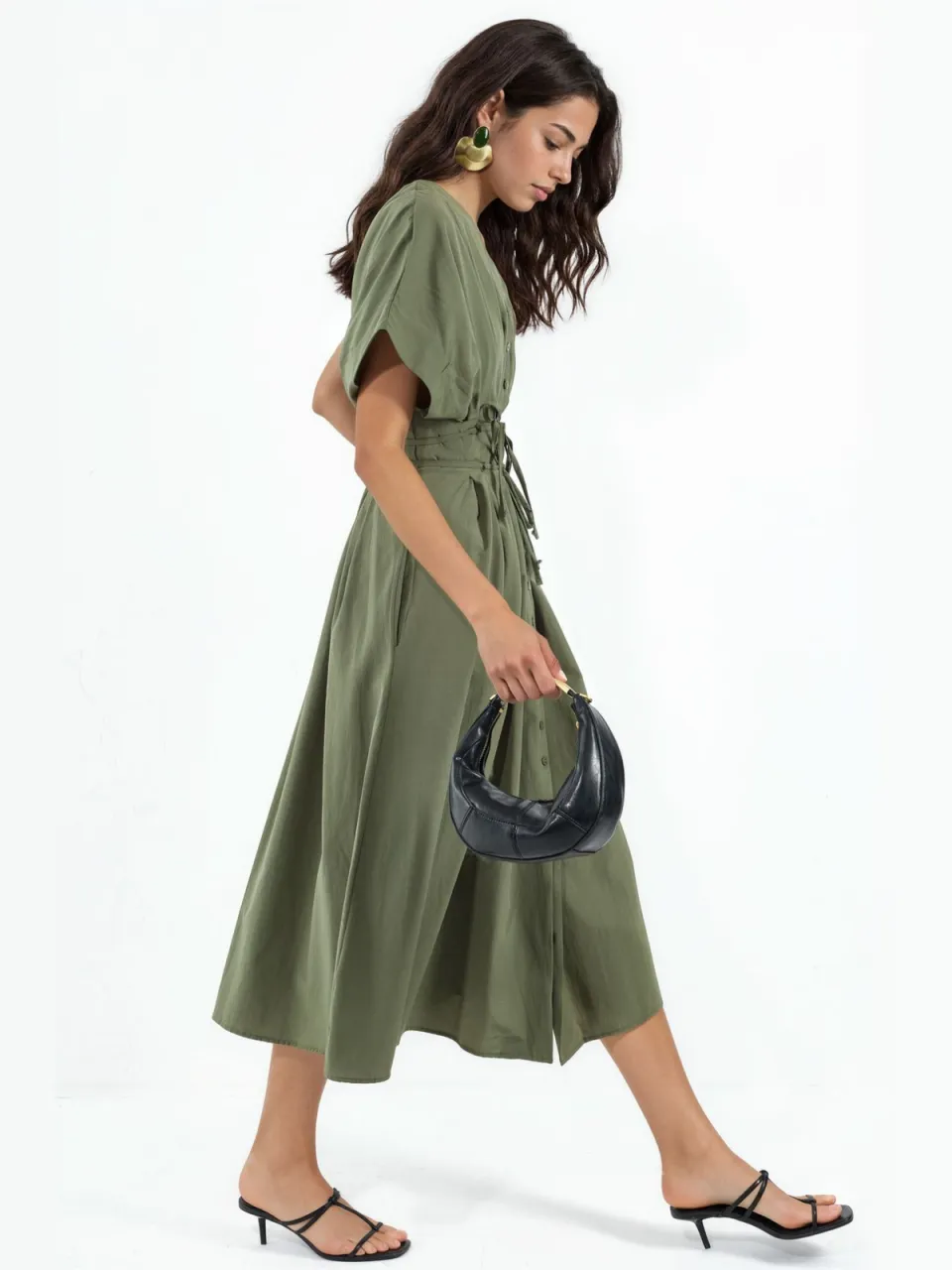 Busem Casual V-hals Midi Shirtjurk olijfgroen, foto 2