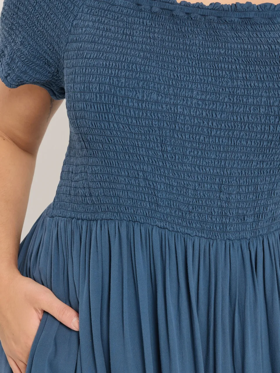 Yours Blauwe Chambray Bardot Maxijurk, foto 3