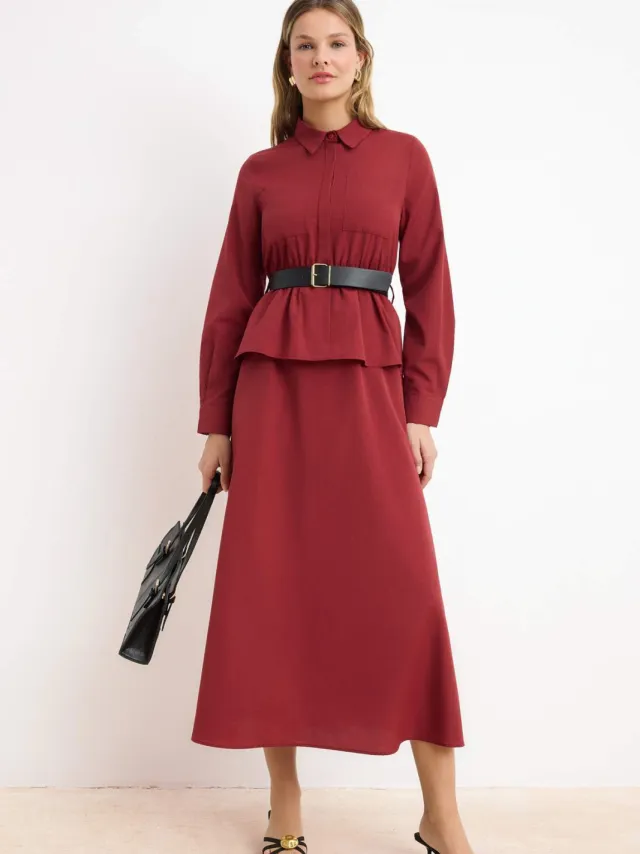 Turkishsouq Dames maxi-jurk, plat model, lang, casual/dagelijks, A-lijn model, geschikt voor hijab Bordeauxrood
