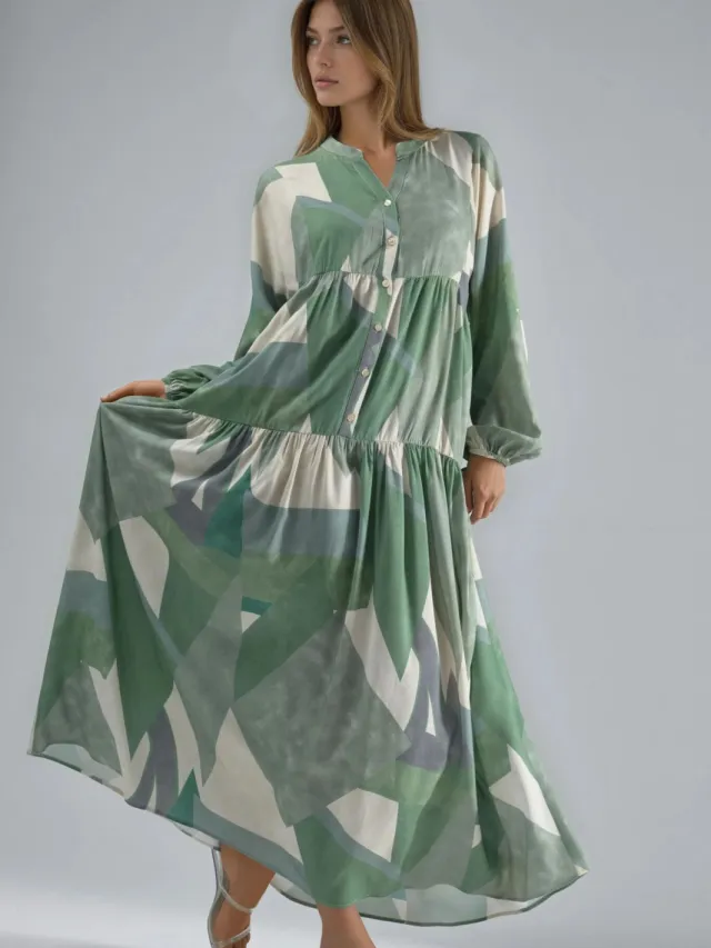 Hiccup Geprinte Lange Mouw Viscose Maxi Jurk Saliegroen