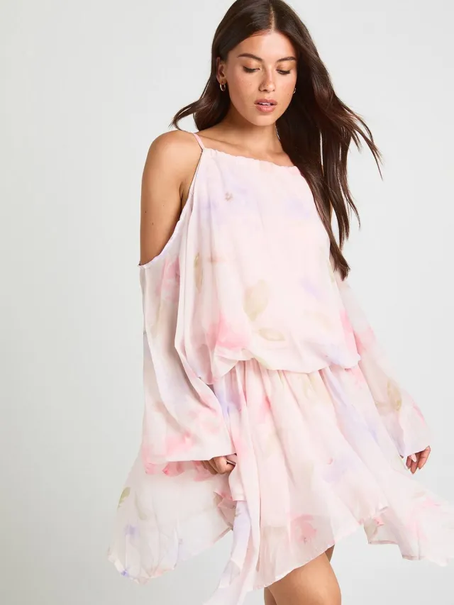 boohoo Dames Pastel Bloemenprint Mini-jurk Met Volumemouwen Pastelroze