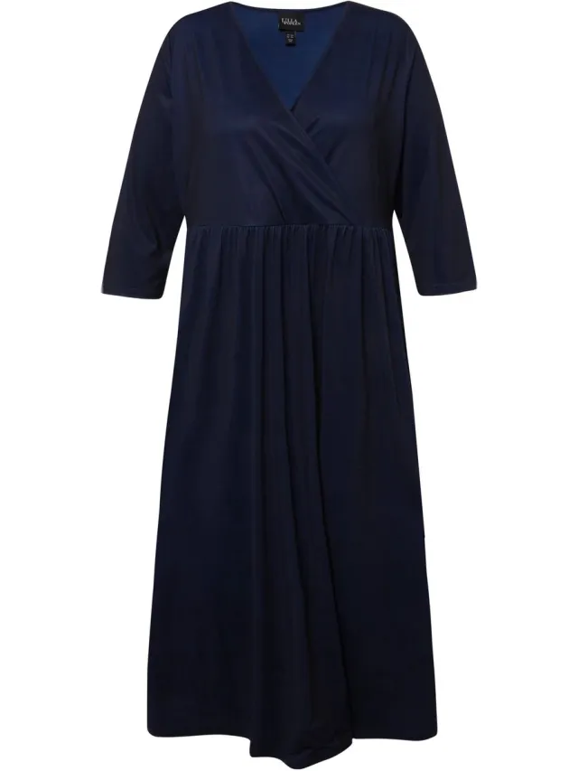 Ulla Popken Dames - Midi-jurk stippen wikkellook V-hals 3/4-mouwen - Marine - Maat 62+
