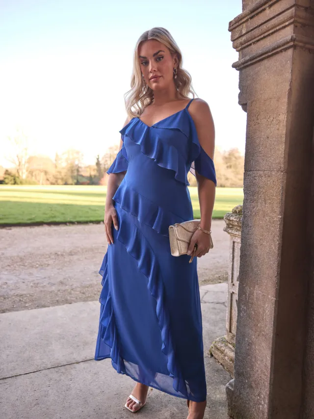 Yours London Maxi Jurk Met Ruches En Blote Schouders In Kobaltblauw Blue