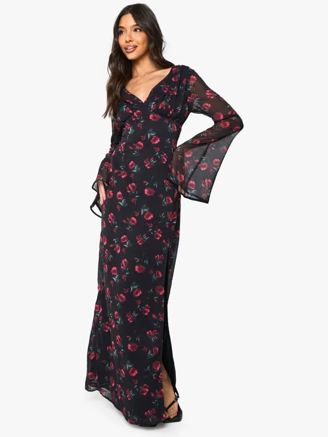 boohoo Dames Bloemige Chiffon Plongeer Maxi-jurk Zwart