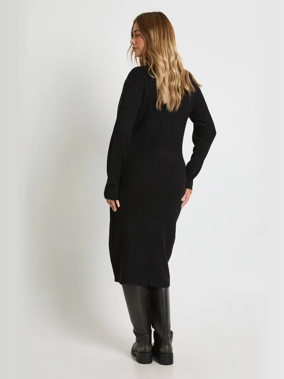 boohoo Dames Zacht gebreide midi-jurk met knoopdoorloop zwart, foto 2