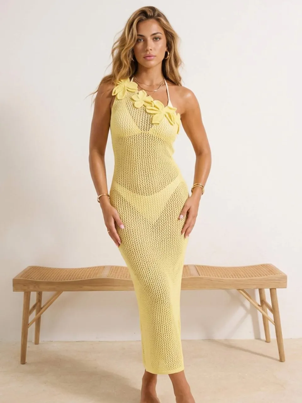 Trendyol TRENDYOLMİLLA Dames Geel Bloemen Midi Mouwloos Strandkleding Bodycon Jurken, foto 2