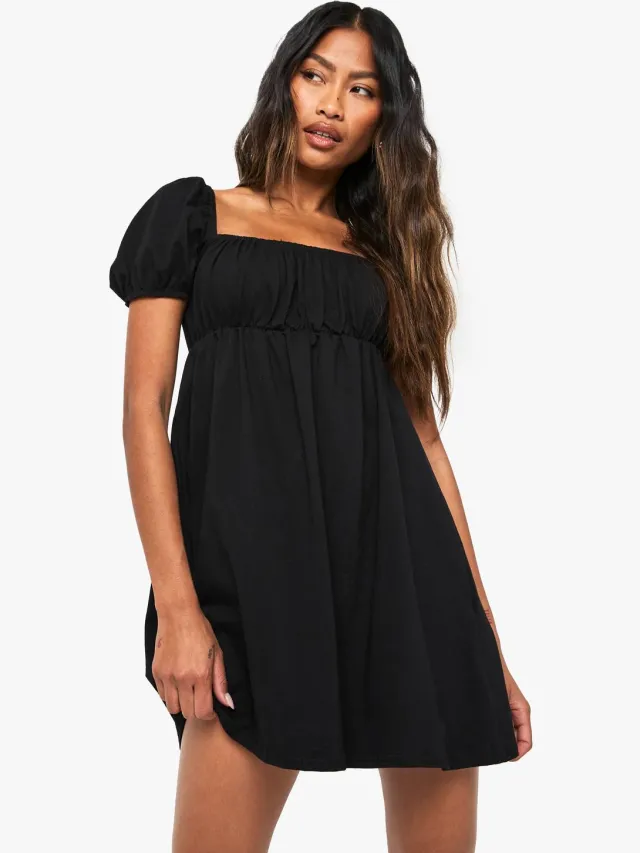 boohoo Dames Puff Sleeve Cotton Smock Mini Dress Zwart