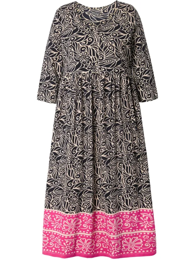 Ulla Popken Dames - Jersey jurk A-lijn ronde hals 3/4-mouw zakken - Zwart - Maat 54+