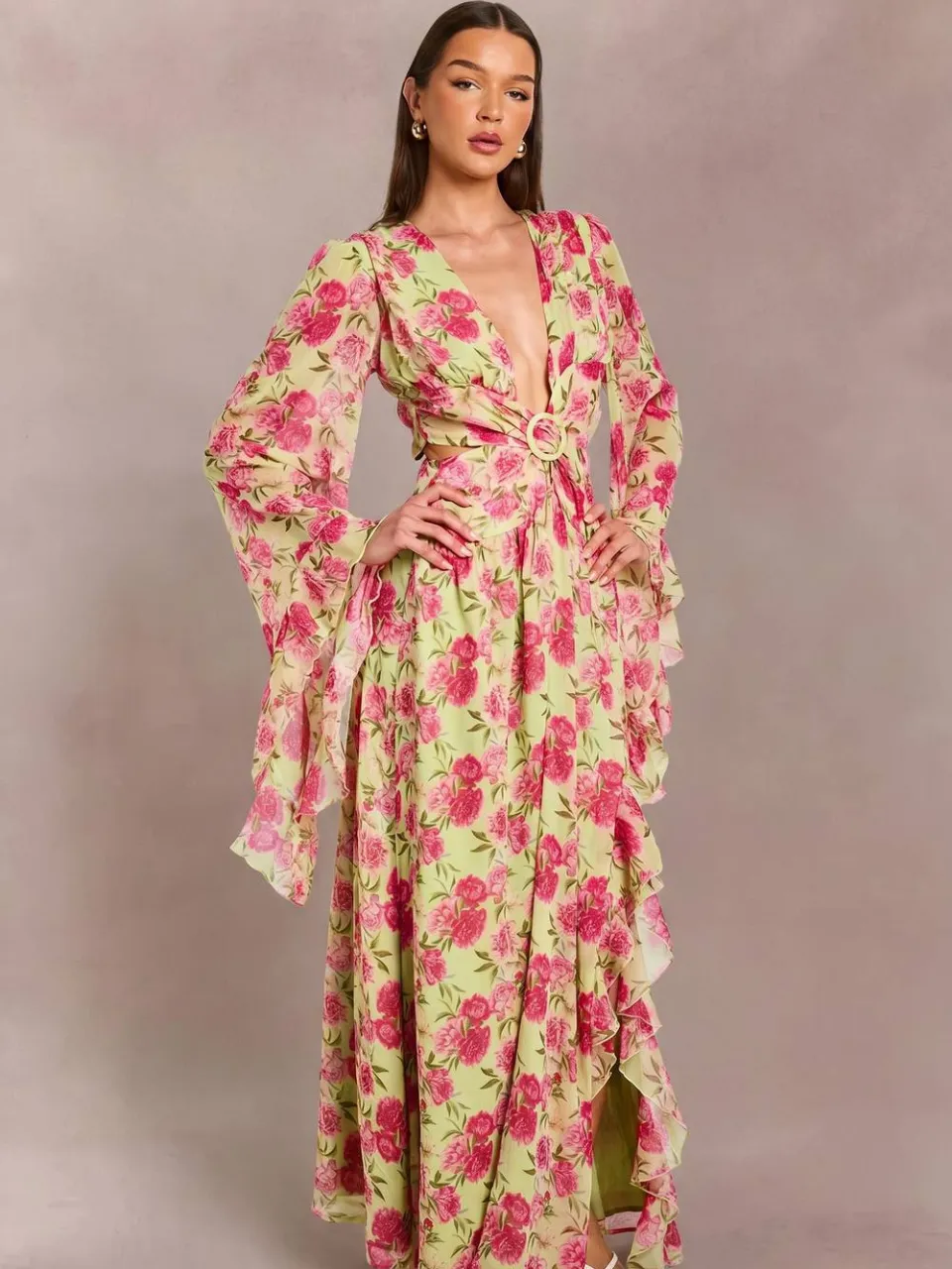 boohoo Dames Chiffon Bloemen Maxi Jurk Met Diepe V-hals Tot Op De Grond zachte limoen, foto 3