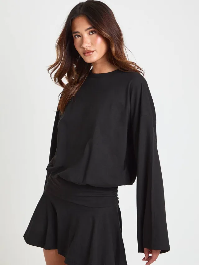 boohoo Dames Skater T-shirtjurk Met Lange Mouwen En Getailleerde Taille zwart, foto 3