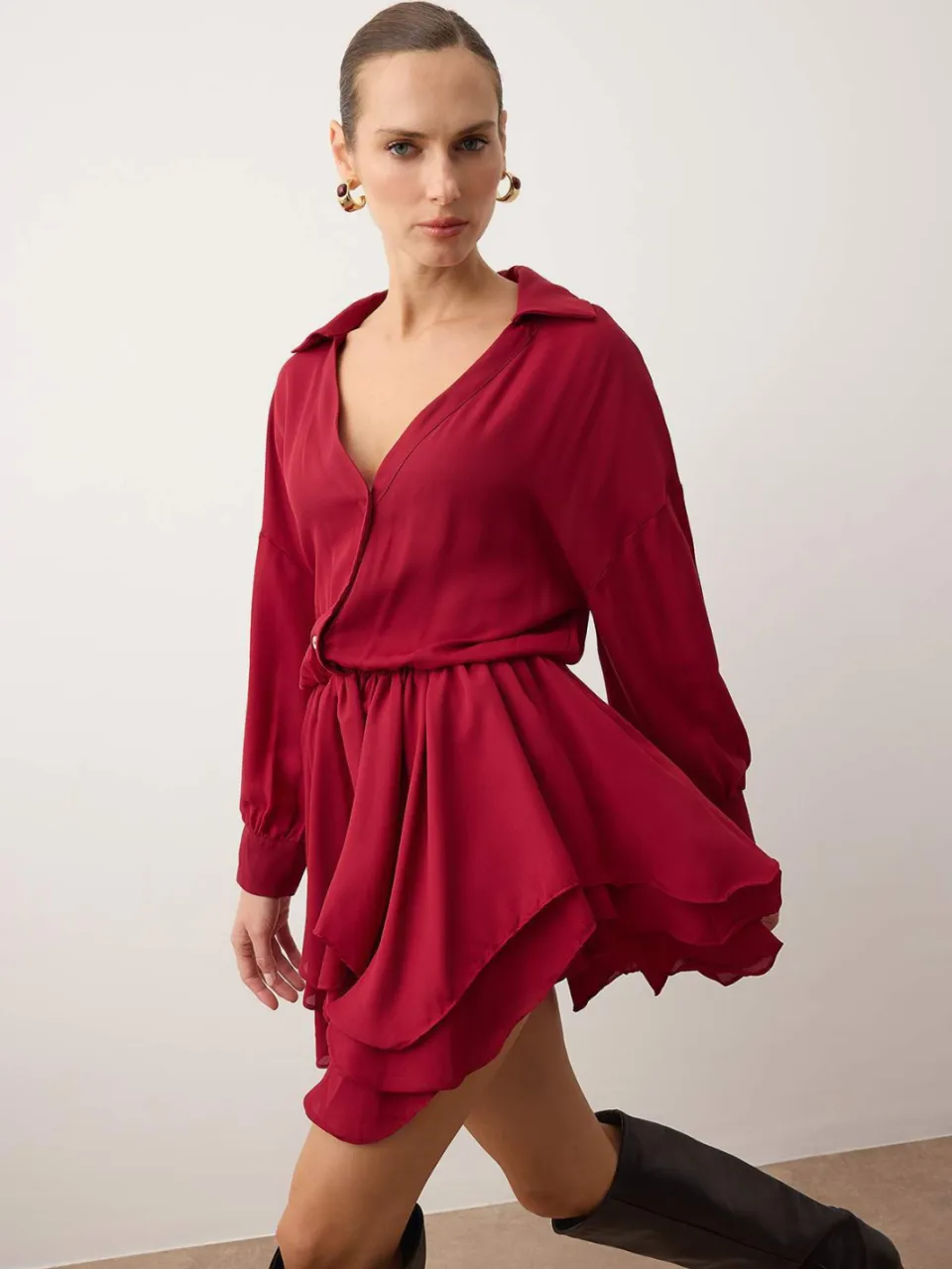 Trendyol TRENDYOLMİLLA Dames Bordeaux Effen Kort / Mini Lang Casual Skater Jurken Bordeauxrood