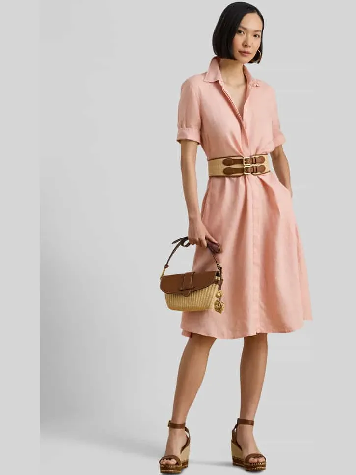Lauren Ralph Lauren Knie-lange linnen jurk met strikceintuur model 'WAKANA' Roze