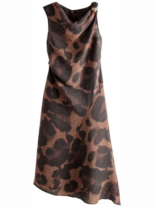 Next Dames - Midi-jurk met puntige zoom en ruches en hardware op de schouders - Bruin Brown Animal