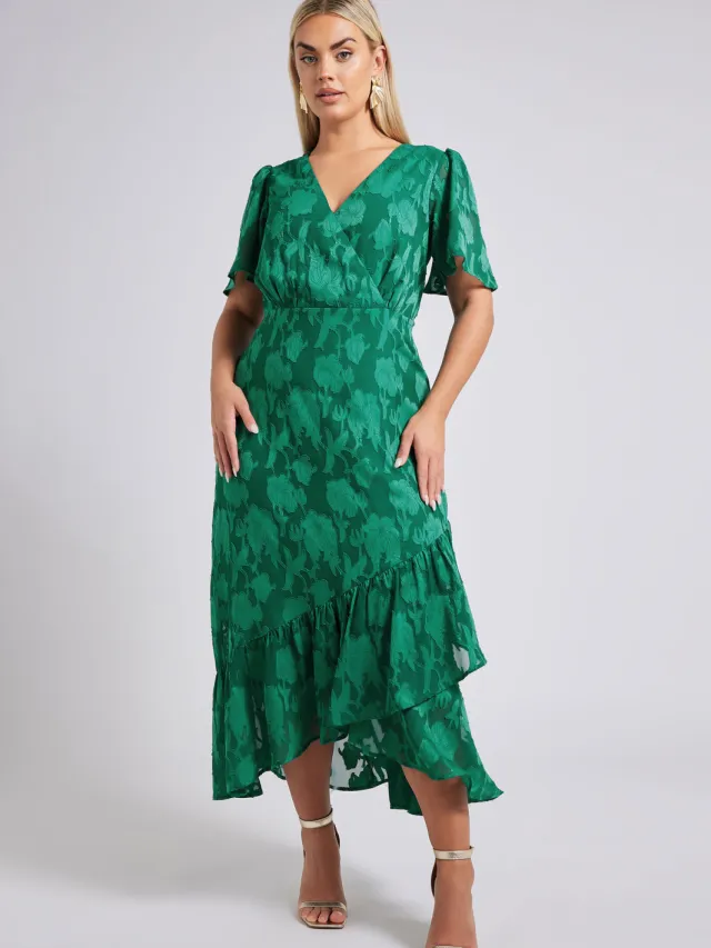 Yours London Wikkeljurk Met Jacquard Bloemenmotief En Ruchezoom In Groen Green