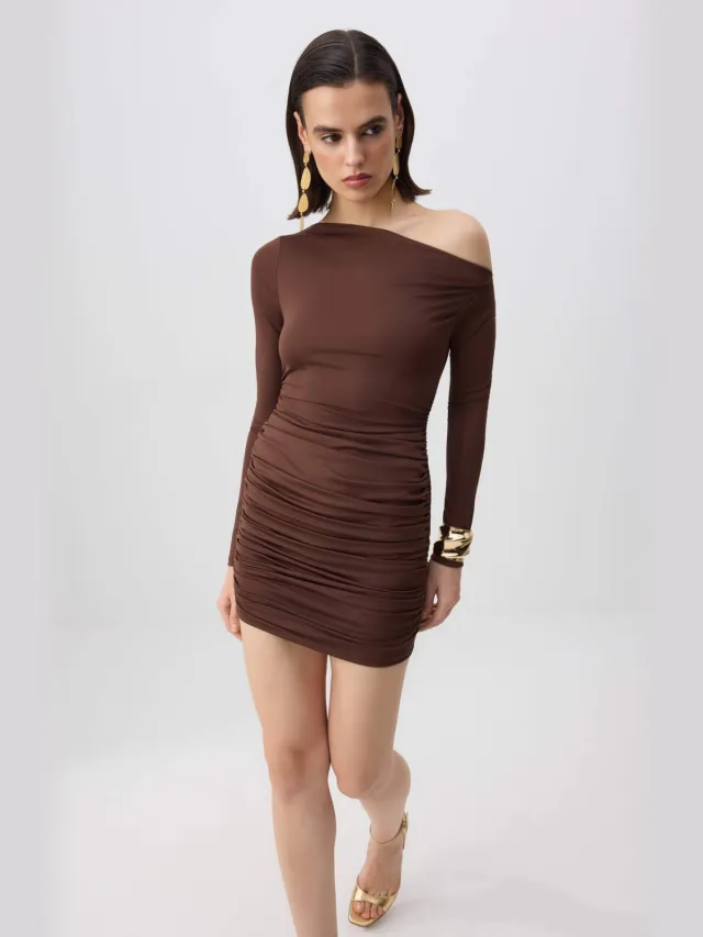 Trendyol TRENDYOLMİLLA Dames Bruin Effen Kort / Mini Lang Stijlvol/Avond Bodycon Jurken