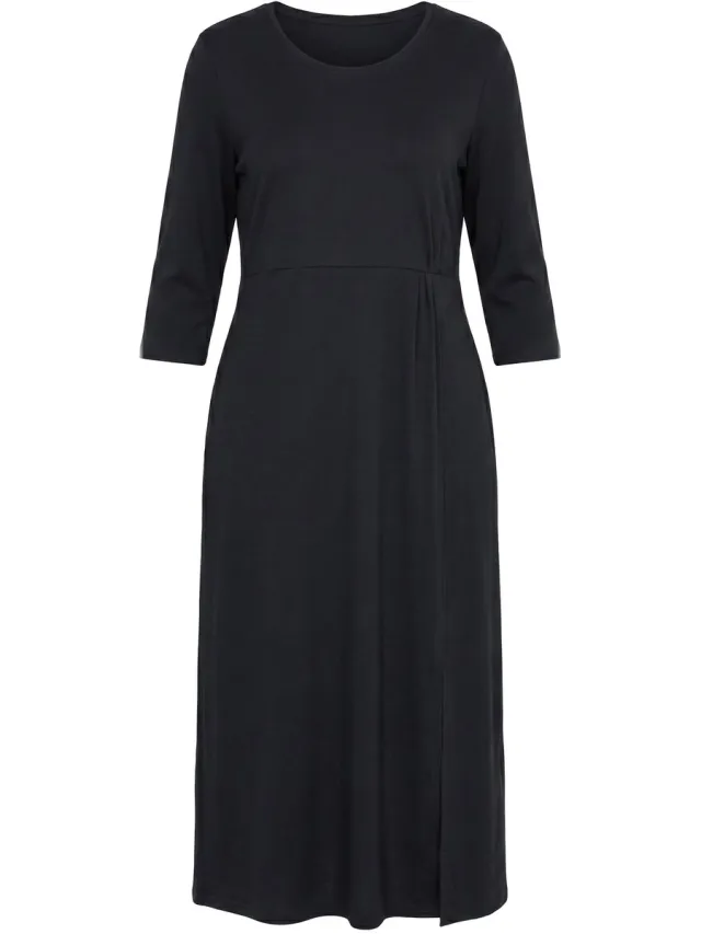 Ulla Popken Dames - Maxi-jurk sierknoop A-lijn ronde hals 3/4-mouwen - Zwart - Maat 58+