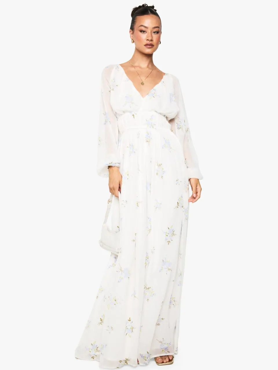 boohoo Dames Lange Chiffon Maxi-Jurk met Florale Print, Volumineuze Mouwen en Gerimpelde Taille ivoor, foto 2