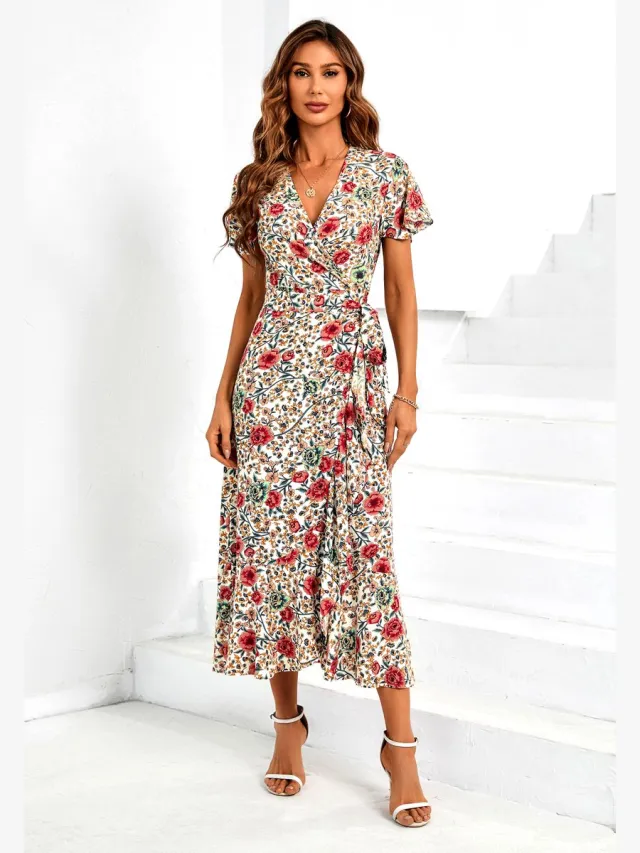 FS Collection Midi-wikkeljurk met engelenmouwdetails aan de zoom in gebroken wit