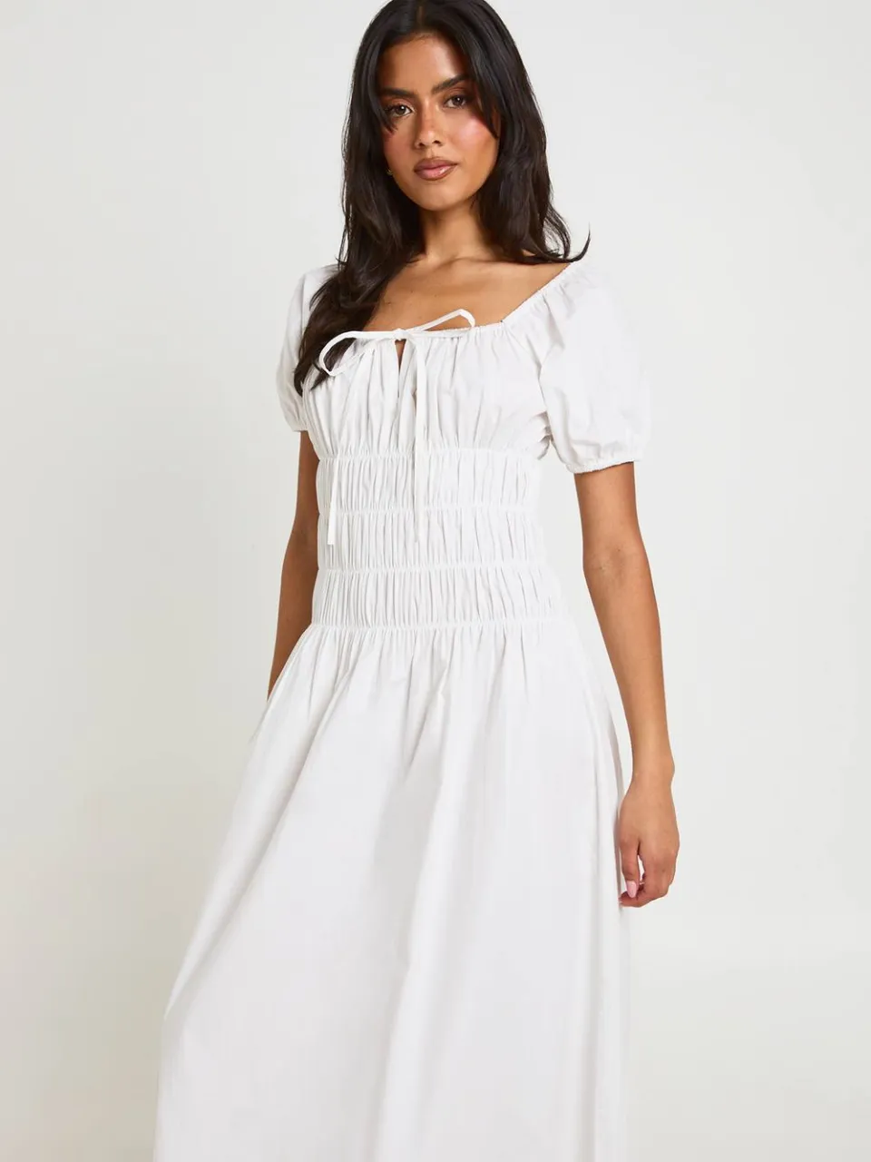 boohoo Dames Katoenen Popeline Maxi Jurk Met Gerimpeld Lijfje En Pofmouwen wit, foto 3