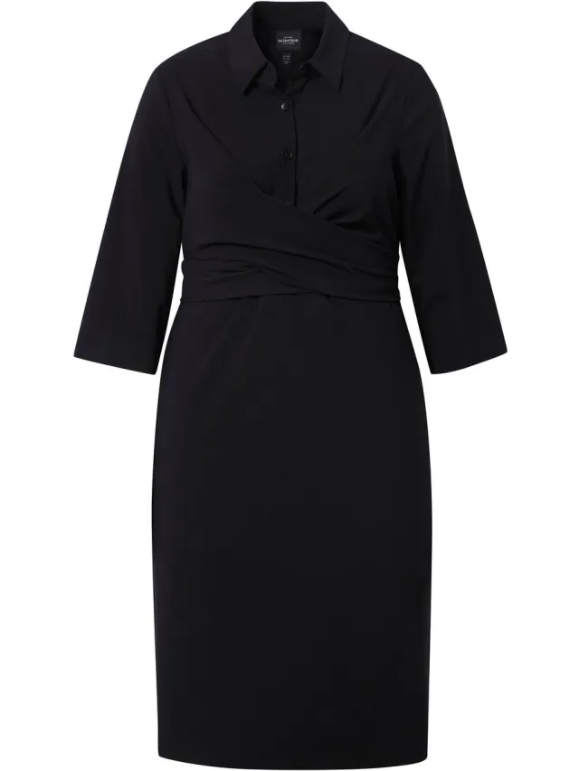 Ulla Popken Dames - Midi-jurk wikkellook A-lijn overhemdkraag 3/4-mouwen - Zwart - Maat 54+