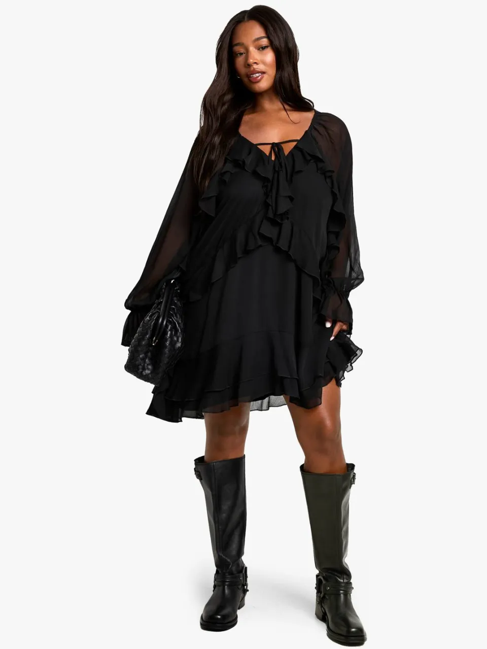 boohoo Dames Plus Chiffon Ruffle Smock Jurk zwart, foto 2
