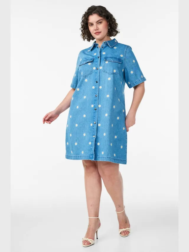 Zizzi denim gebloemde spijkerjurk Medium blue denim / ecru / geel