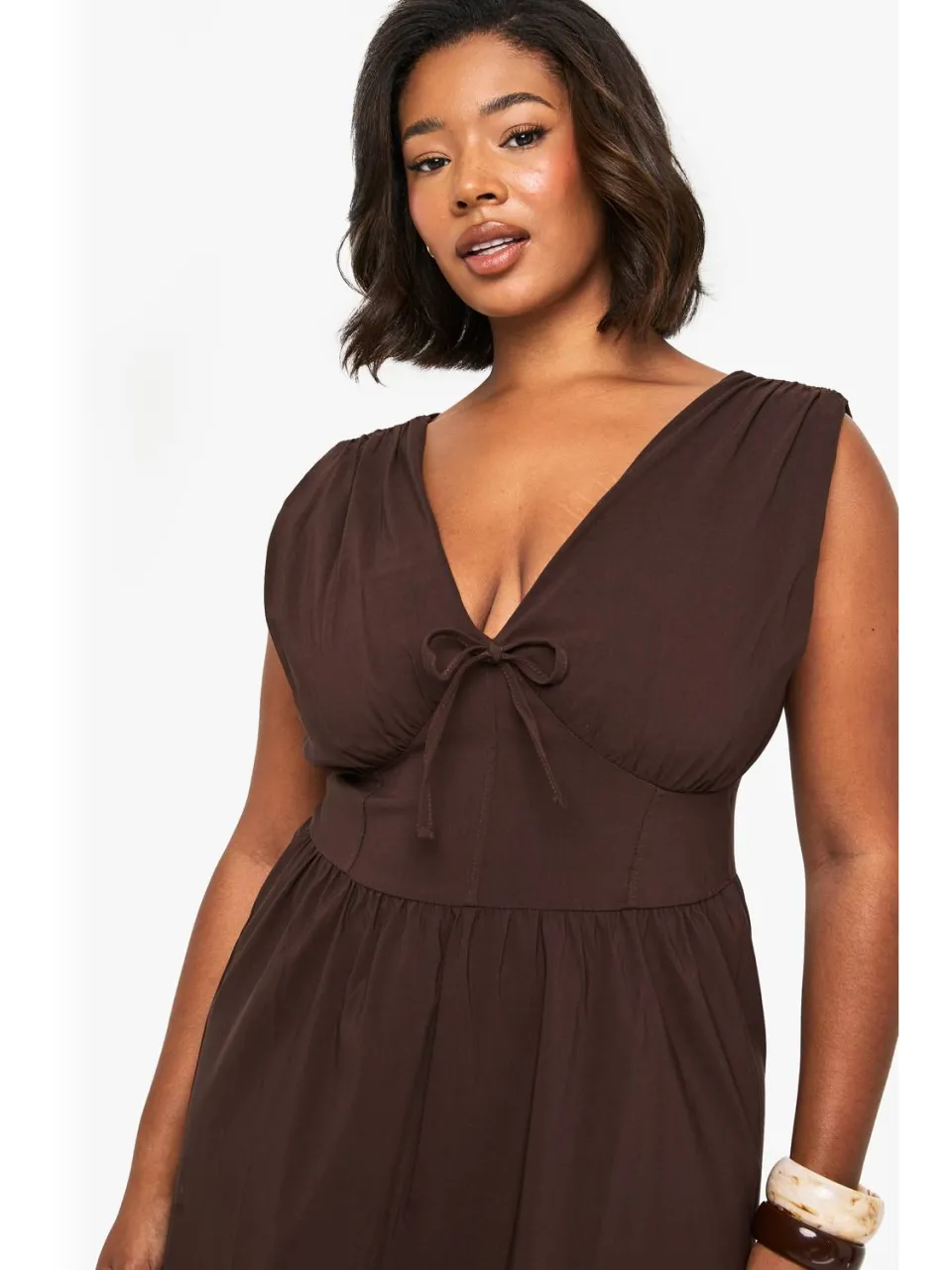 boohoo Dames PLUS STRIKDETAIL PLUNGE KORSET MIDAXI JURK chocoladebruin, foto 2