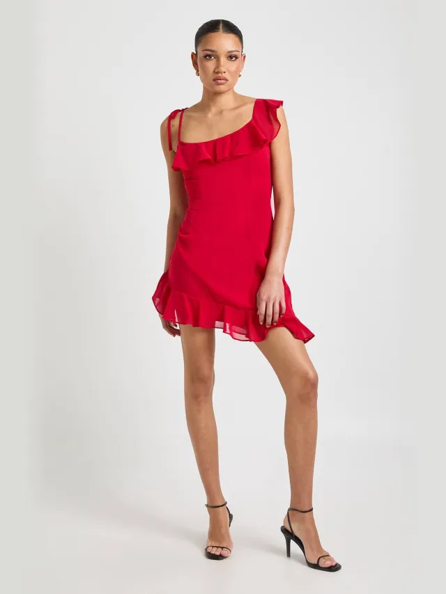 boohoo Dames Chiffon Mini Jurk met Ruffle Details en Asymmetrische Snit Scharlaken