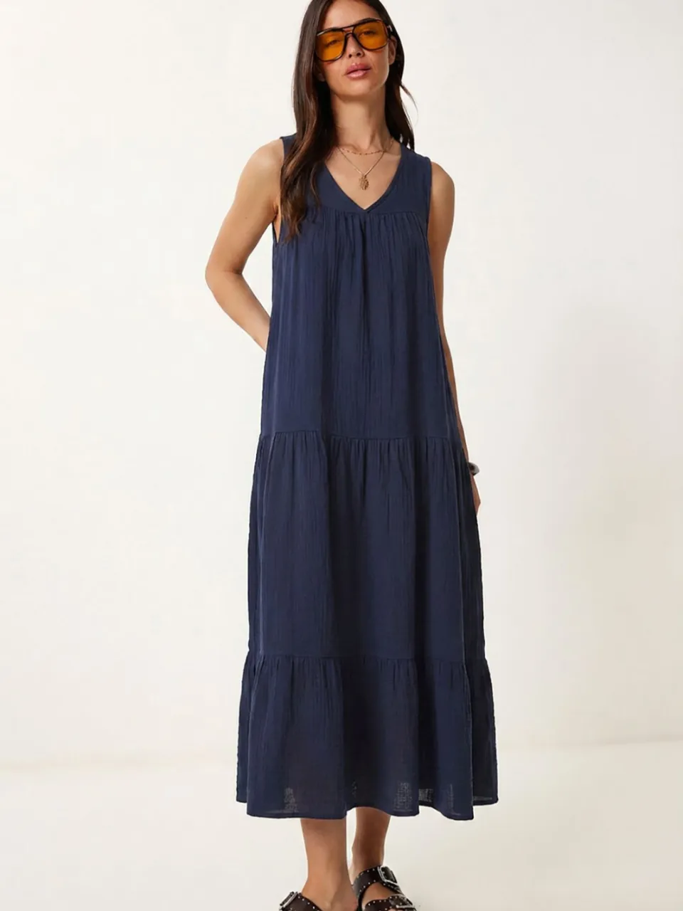Happiness Istanbul Rimpel V-hals Midi-jurk marineblauw, foto 2