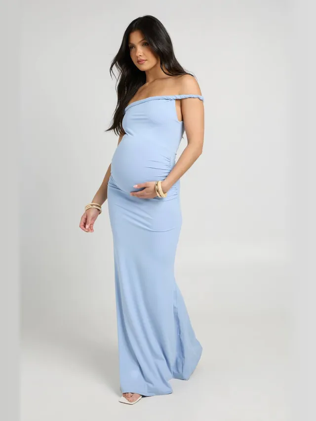 boohoo Dames Zwangerschaps Maxi Jurk Met Gedraaide Bardot Hals Babyblauw
