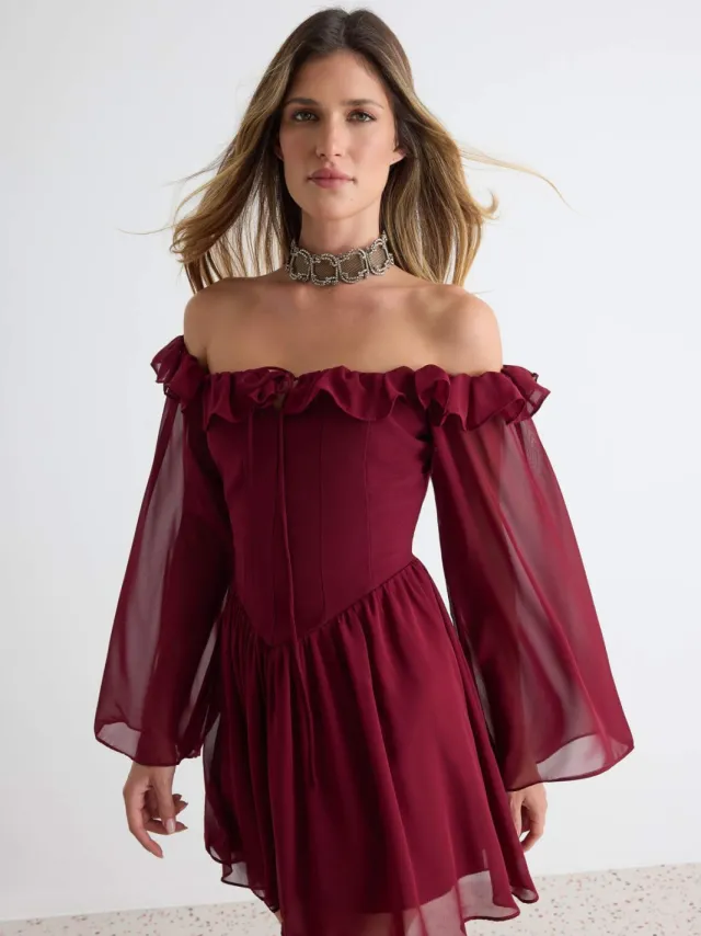 Trendyol TRENDYOLMİLLA Dames Bordeaux Effen Kort / Mini Lang Gala Skater Jurken Bordeauxrood