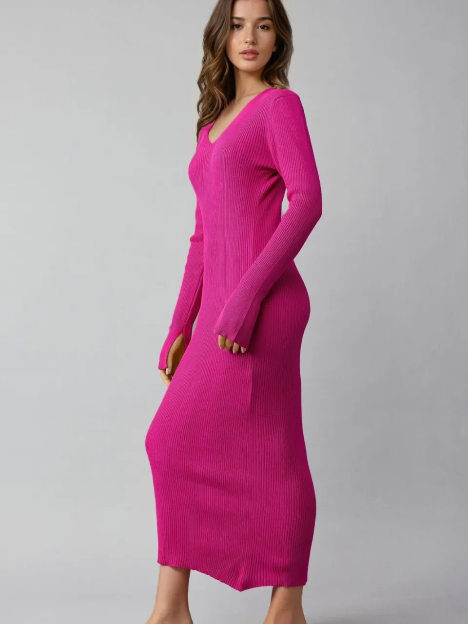 MyFashion V-hals Textuur Maxi Brei Jurk met Sleuf fuchsia, foto 2