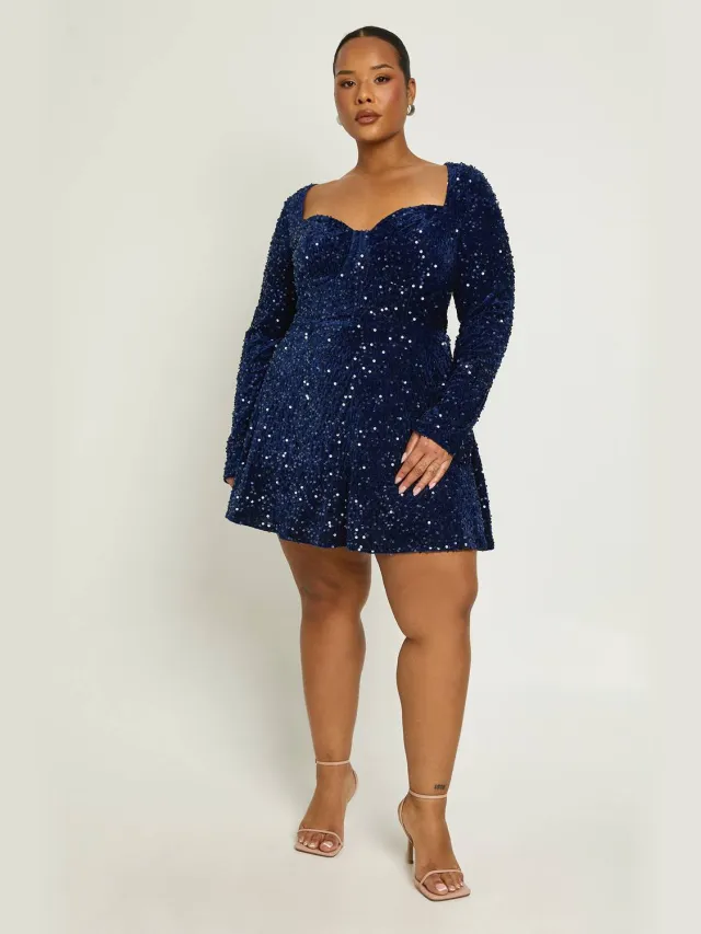 boohoo Dames Plus Sweetheart Hals Lange Mouw Skater Jurk Marineblauw