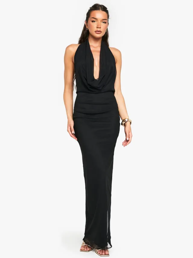 boohoo Dames Mesh maxi-jurk met cowl-hals Zwart