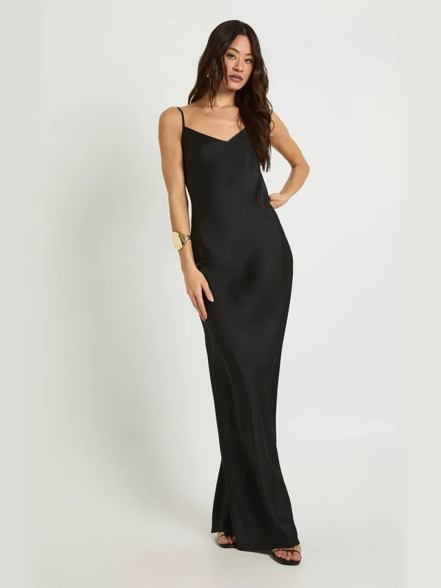 boohoo Dames Lange satijnen slip column maxi-jurk Zwart