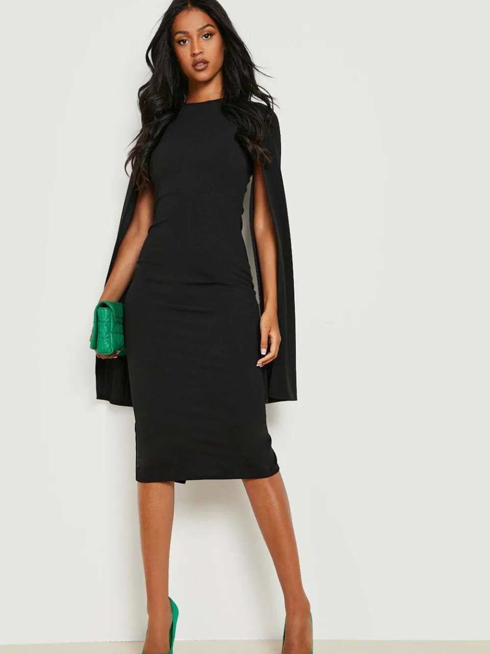 boohoo Dames Tall Cape Sleeve Midi Bodycon Jurk zwart, foto 3