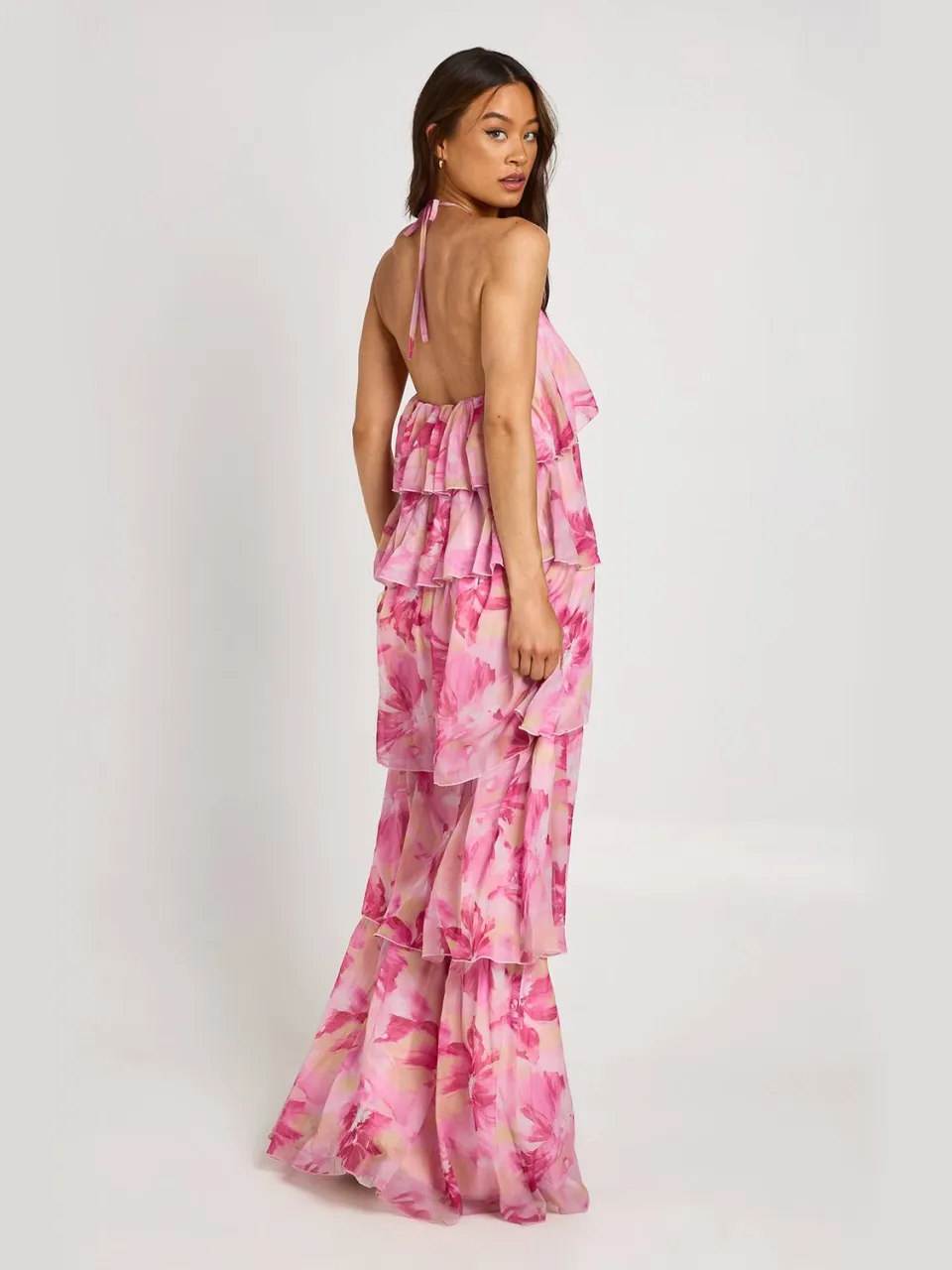 boohoo Dames Lange Chiffon Gebloemde Gelaagde Halternek Maxi Jurk roze, foto 2