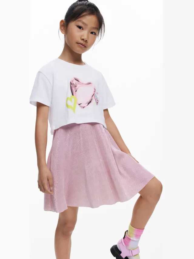 Desigual A-lijn jurk met hartjes roze Roze/wit