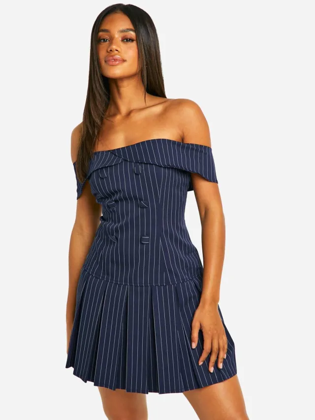 boohoo Dames Stripe Bardot Tennis Rokjurk Marineblauw